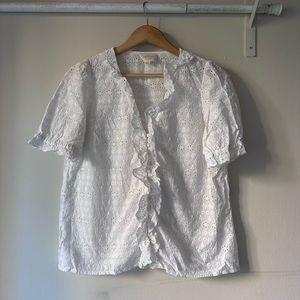 Sezane White Short Sleeve Eyelet Blouse Size 38
